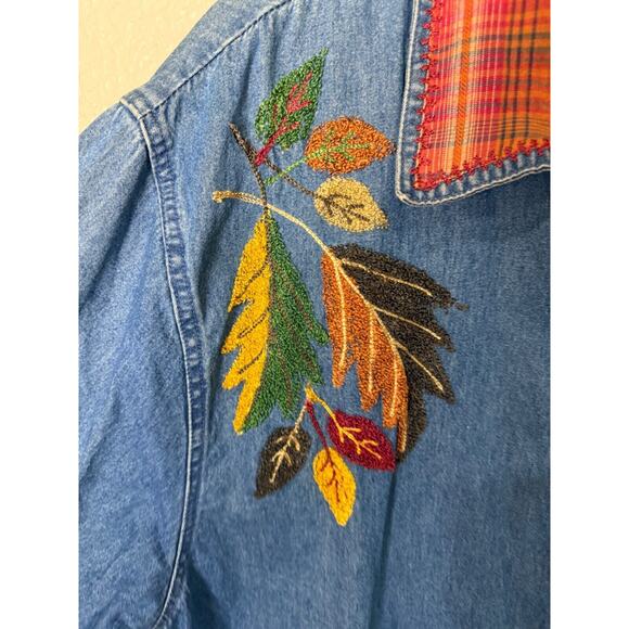 Denim Fall Embroidered Leaves Shirt Jacket Shacket Tantrum Blues 2X Orange Plaid - Picture 8 of 16